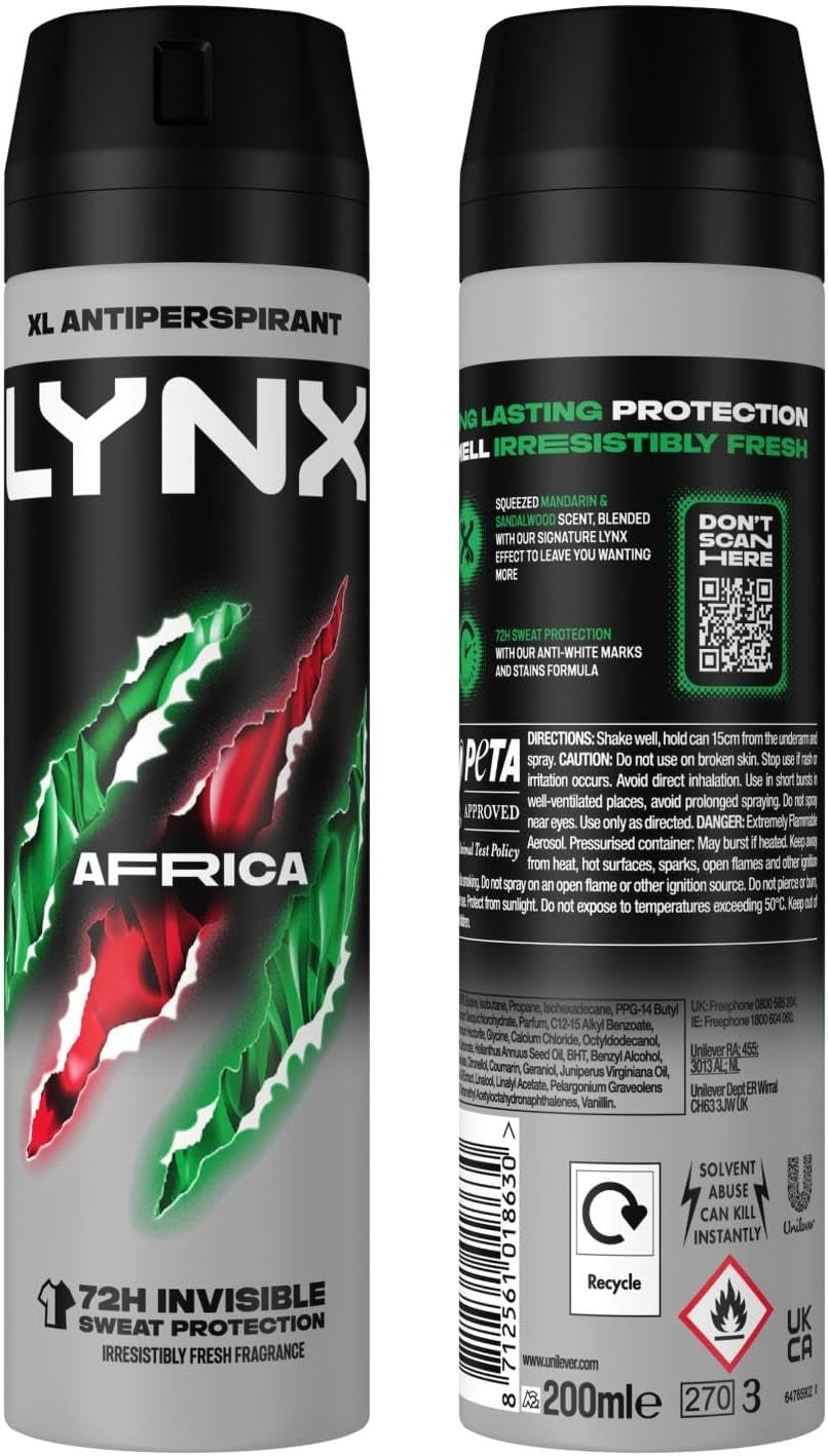 Lynx Africa 72 Hour Protection against Odour and Wetness Anti-Perspirant Deodorant Spray No Fuss Aerosol for All-Day Freshness 200 Ml Pack of 3 - Packaging May Vary
