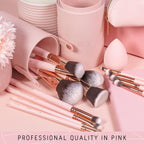 Beauty Pink Makeup Brushes - 15-Piece Award Winning Pink Makeup Brush Set with Case, Blending Sponge, Brush Cleaner, Guide, Gift Box