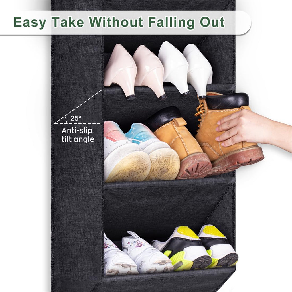 over the Door Hanging Shoe Rack, Short Organizer with Large Deep Pockets Narrow Door for Sneakers, Boots, RV, Dormitory, Black