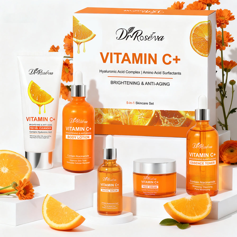Natural Organic Anti Ageing Products VC Vitamin C Facial Skincare Cream Serum Cleanser 5 Pieces Skin Care Set Skin Care Gift Kit