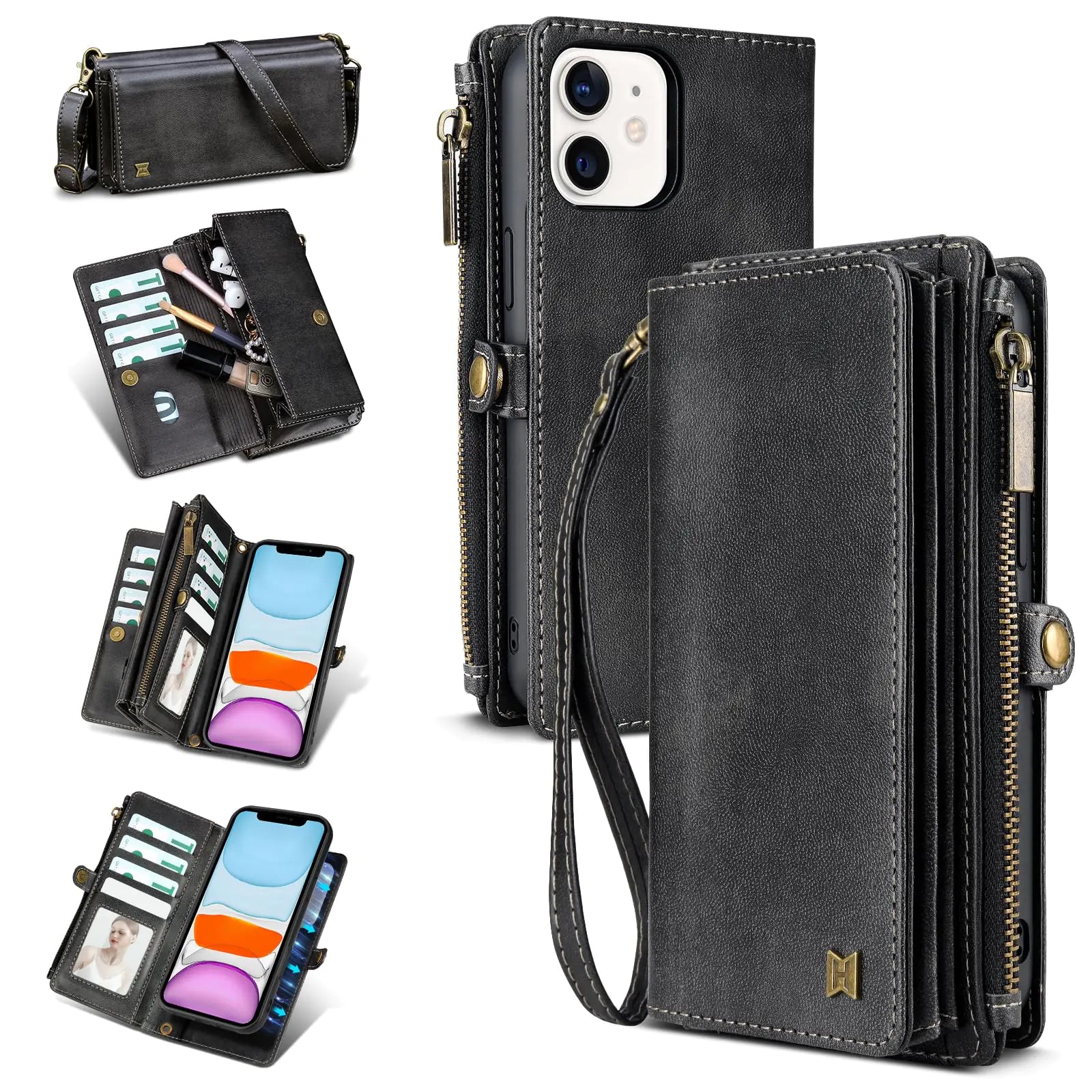 for iPhone 13 Wallet Case(Holds Lipstick, Headphones, etc.),2-in-1 Multi-Functional Portable Magnetic Faux Leather Phone Case with RFID Blocking