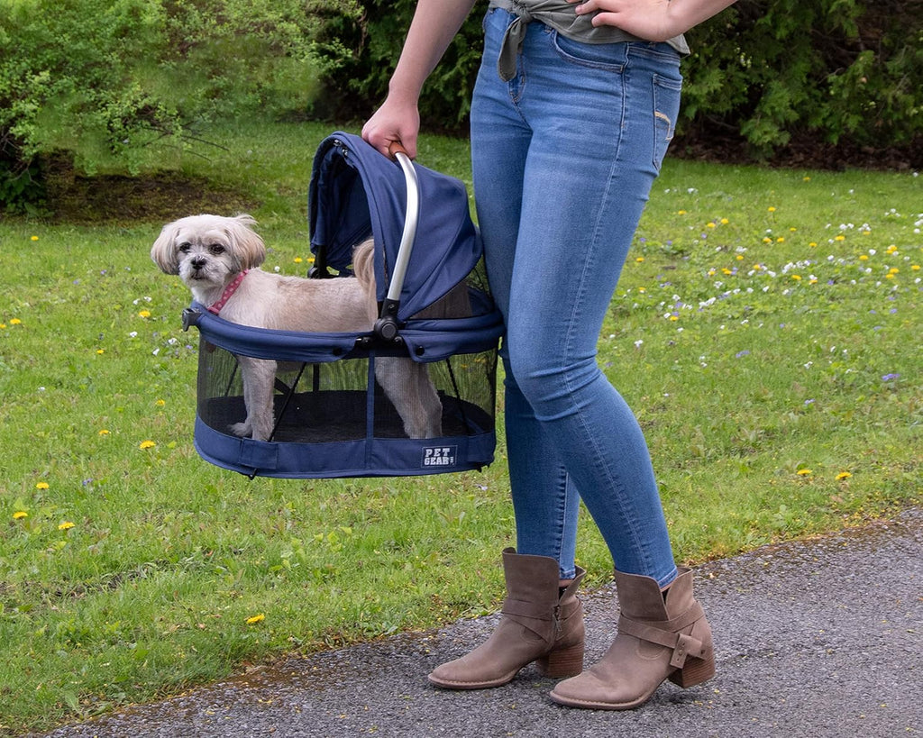 Pet Gear No-Zip View 360 Pet Safety Carrier & Car Seat for Small Dogs & Cats Push Button Entry, View 360 20-Inch, Navy