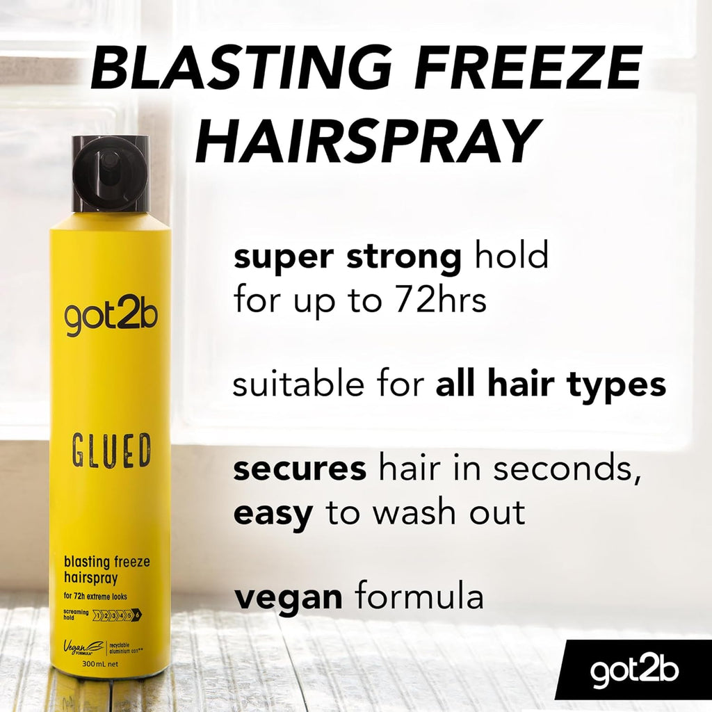 Glued Blasting Freeze Hairspray 300 Ml, Glued Hairspray for up to 72H Ultra Strong Hold, Hairspray , for Extreme Hairstyles, Vegan Formula