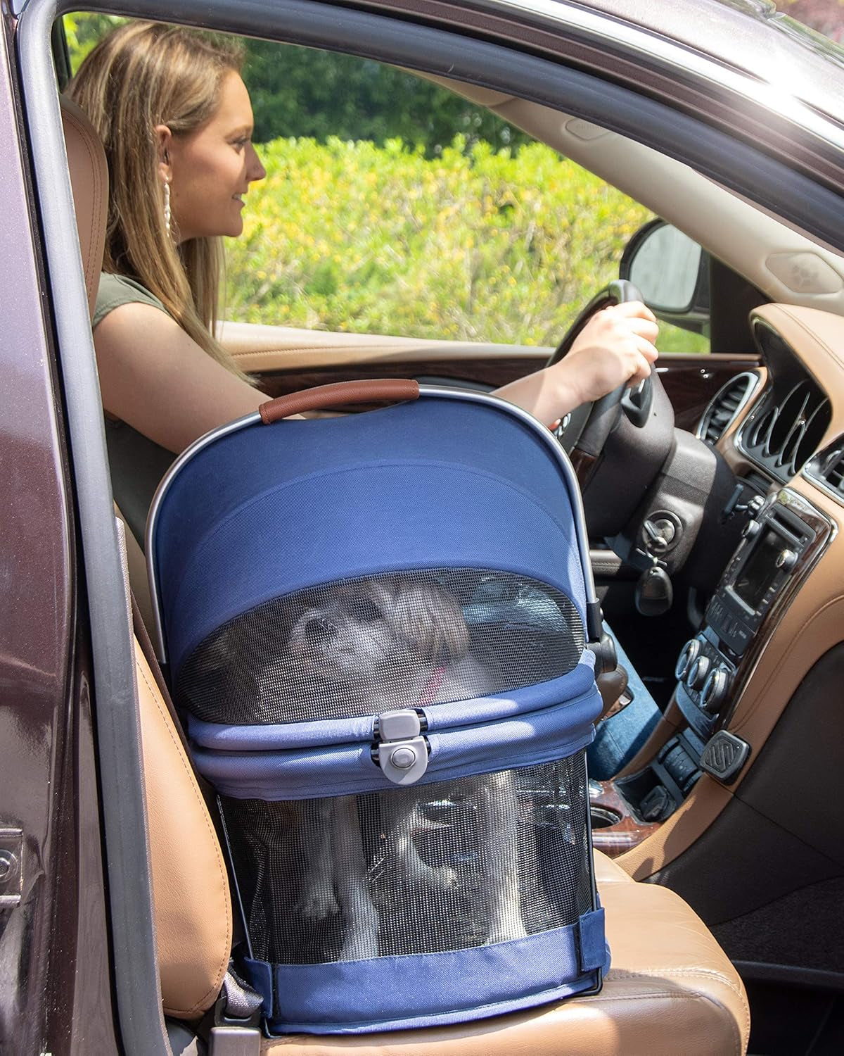Pet Gear No-Zip View 360 Pet Safety Carrier & Car Seat for Small Dogs & Cats Push Button Entry, View 360 20-Inch, Navy