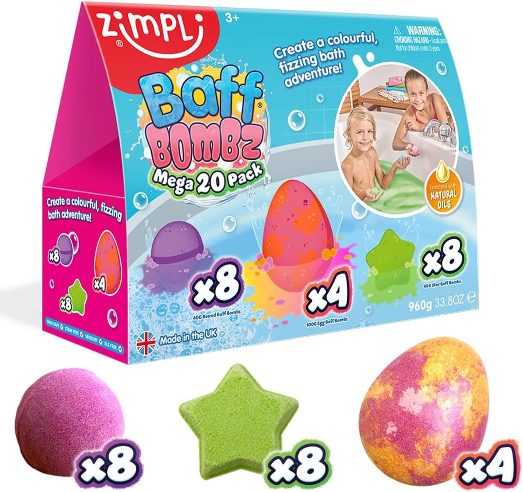 ZIMPLI - 20 X Baff Bombz Mega Pack, Create a Colourful, Fizzing, Bathtime Adventure, Bath Bomb Fizzers Gift Set, Birthday Gift for Kids
