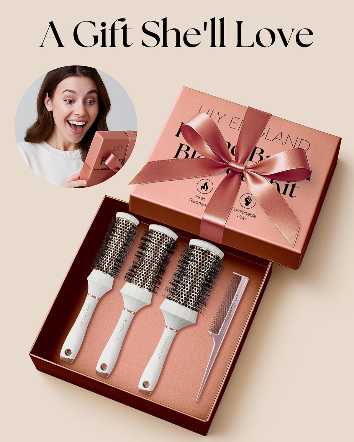round Hair Brush Set, 4 Piece Professional Blow Dry Kit with 3 round Brushes and Comb for Styling, Beauty Gifts Sets for Women