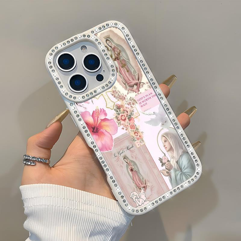 Virgin Mary Pattern Bling Glitter Phone Case with Sparkle Rhinestone Diamond , Airbag Anti-Fall Crystal Cover for Iphone 17 16 15 14 13 12 11 Pro Max plus Air