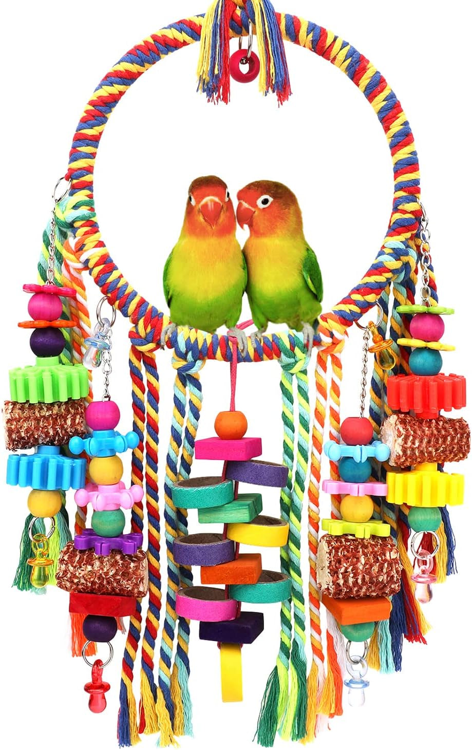 Bird Toys Bird Rope Ring Swing Perch with Corn Cob Cardboard Bagels Wooden Blocks Chewing Toys for Parakeets,Conure,Lovebirds,Finches and Other Small to Medium-Sized Birds