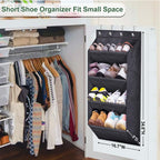over the Door Hanging Shoe Rack, Short Organizer with Large Deep Pockets Narrow Door for Sneakers, Boots, RV, Dormitory, Black