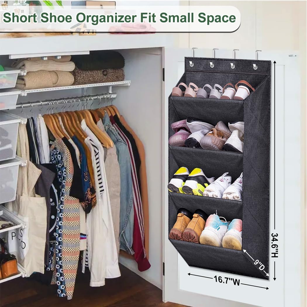 over the Door Hanging Shoe Rack, Short Organizer with Large Deep Pockets Narrow Door for Sneakers, Boots, RV, Dormitory, Black