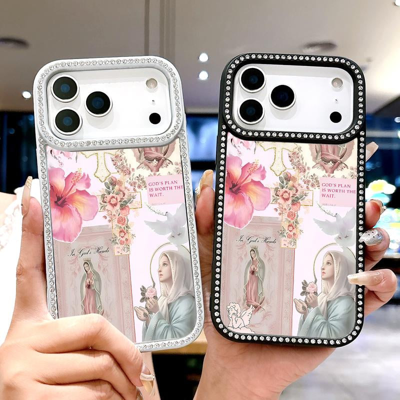Virgin Mary Pattern Bling Glitter Phone Case with Sparkle Rhinestone Diamond , Airbag Anti-Fall Crystal Cover for Iphone 17 16 15 14 13 12 11 Pro Max plus Air