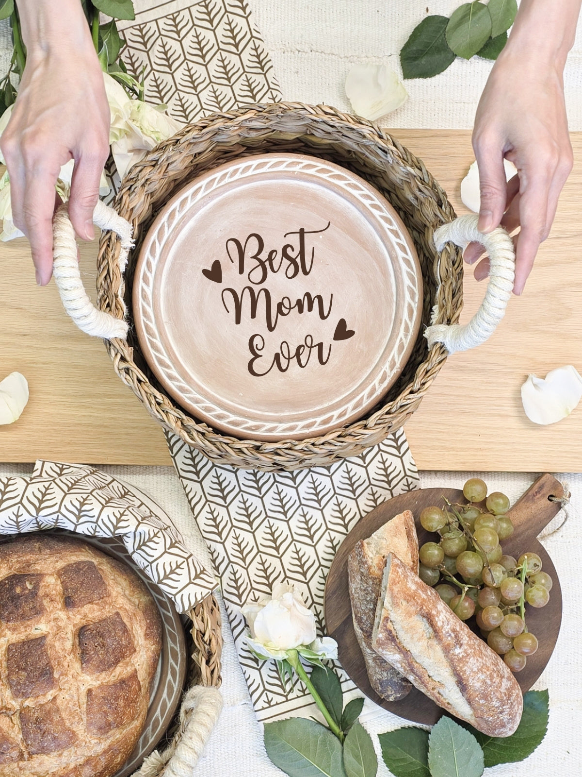 Bread Warmer & Basket Gift Set with Tea Towel - Mom Round