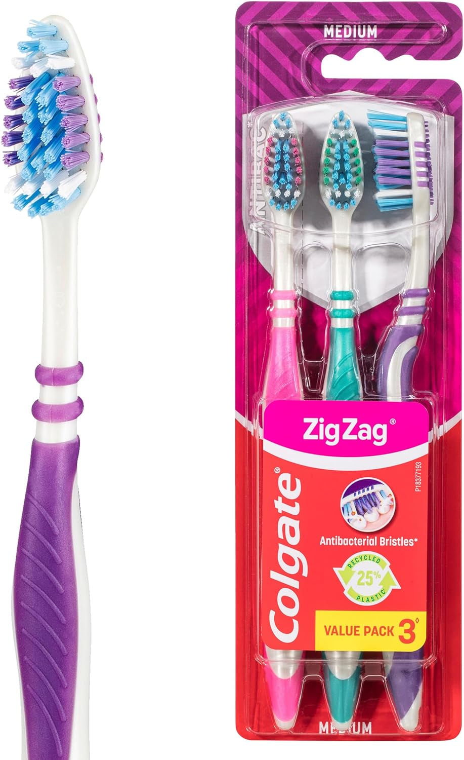 Zig Zag Medium Manual Toothbrush - Multi Angle Cross Bristles with Flexible Neck for Gum Comfort - 3 Count (Pack of 1)