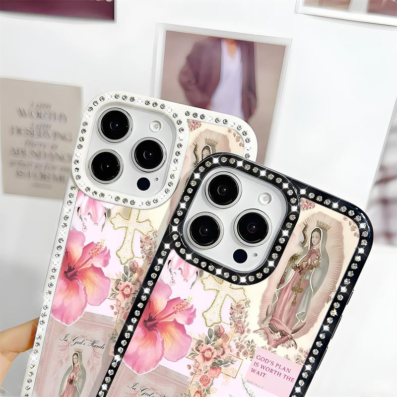 Virgin Mary Pattern Bling Glitter Phone Case with Sparkle Rhinestone Diamond , Airbag Anti-Fall Crystal Cover for Iphone 17 16 15 14 13 12 11 Pro Max plus Air