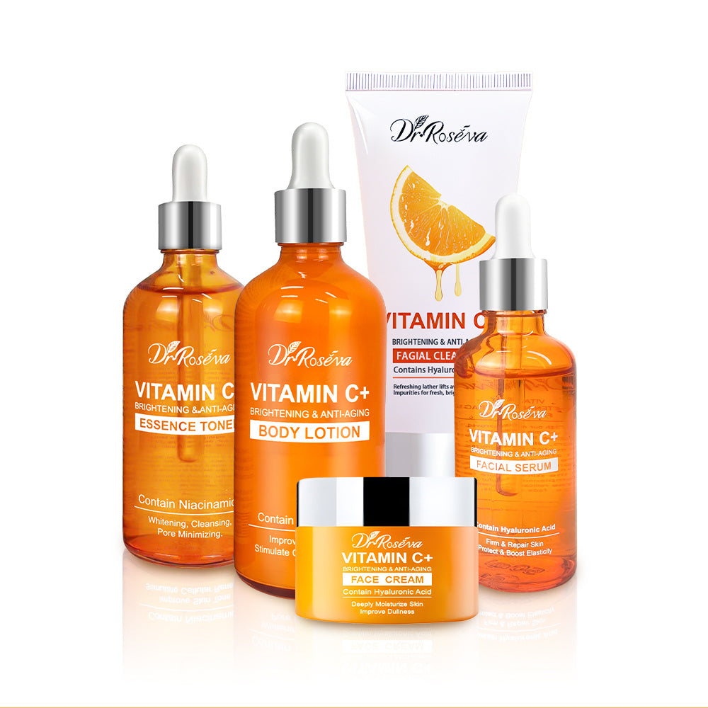 Natural Organic Anti Ageing Products VC Vitamin C Facial Skincare Cream Serum Cleanser 5 Pieces Skin Care Set Skin Care Gift Kit