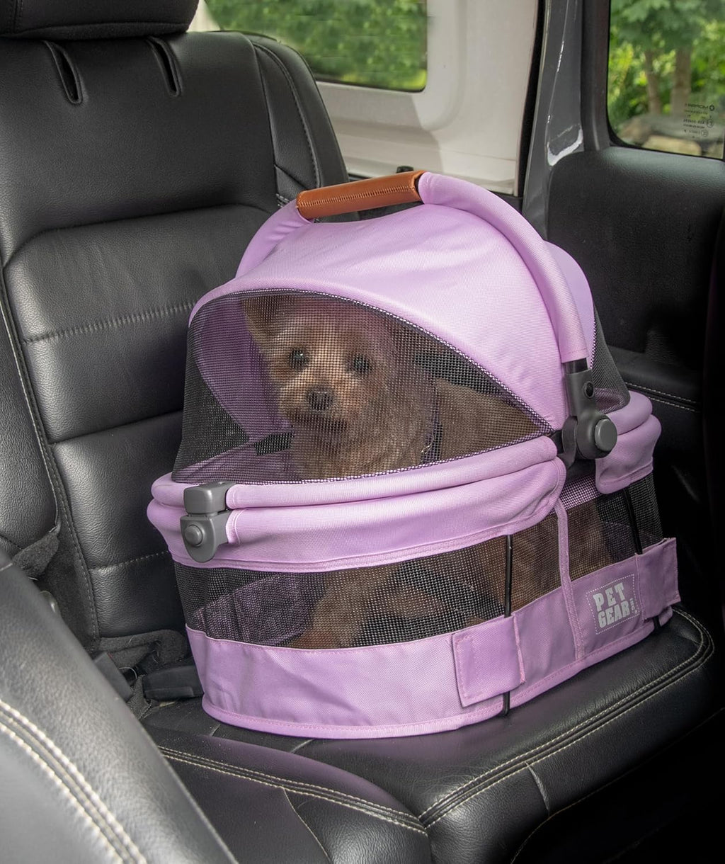 Pet Gear No-Zip View 360 Ultra Lite Pet Safety Carrier & Car Seat for Small Dogs & Cats Push Button Entry, 15", Bright Lilac