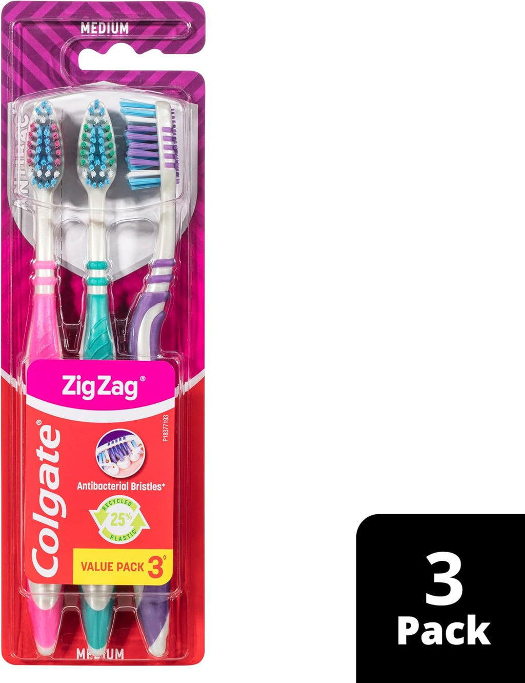 Zig Zag Medium Manual Toothbrush - Multi Angle Cross Bristles with Flexible Neck for Gum Comfort - 3 Count (Pack of 1)