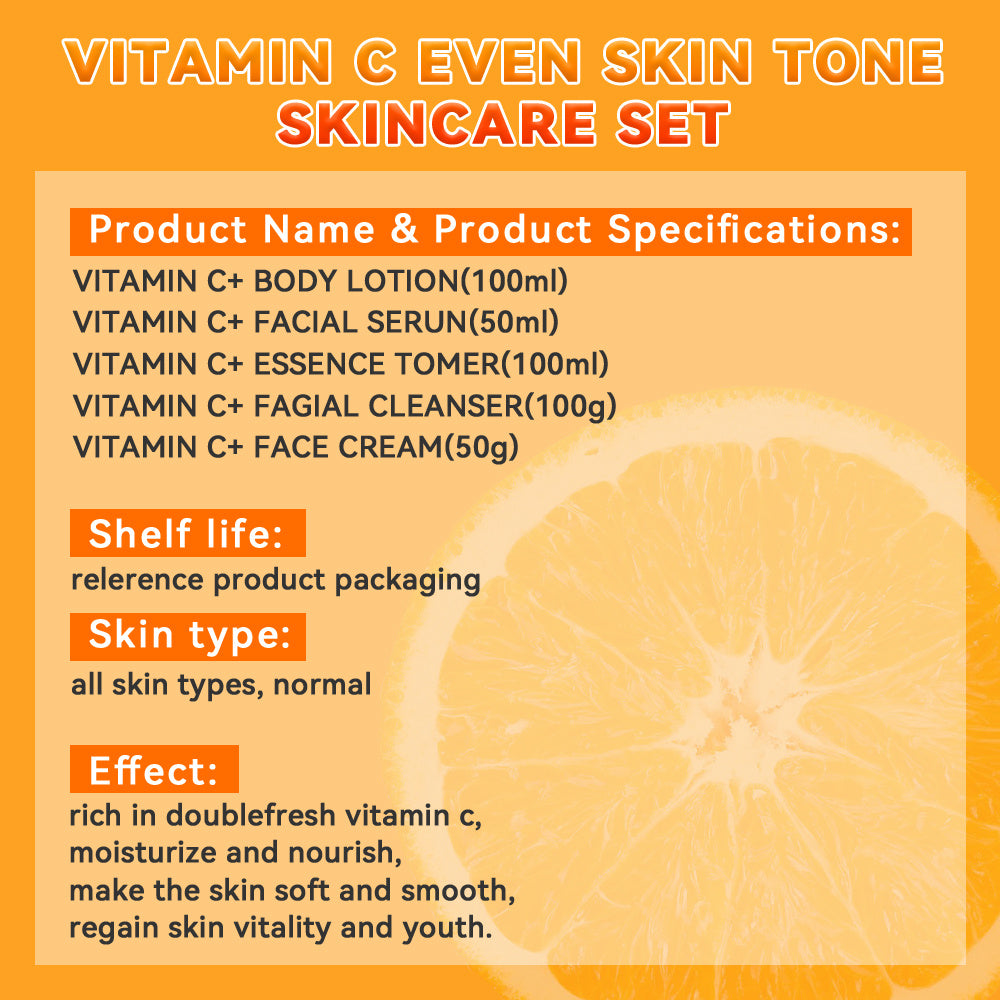 Natural Organic Anti Ageing Products VC Vitamin C Facial Skincare Cream Serum Cleanser 5 Pieces Skin Care Set Skin Care Gift Kit