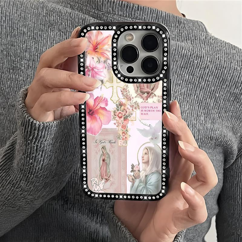 Virgin Mary Pattern Bling Glitter Phone Case with Sparkle Rhinestone Diamond , Airbag Anti-Fall Crystal Cover for Iphone 17 16 15 14 13 12 11 Pro Max plus Air
