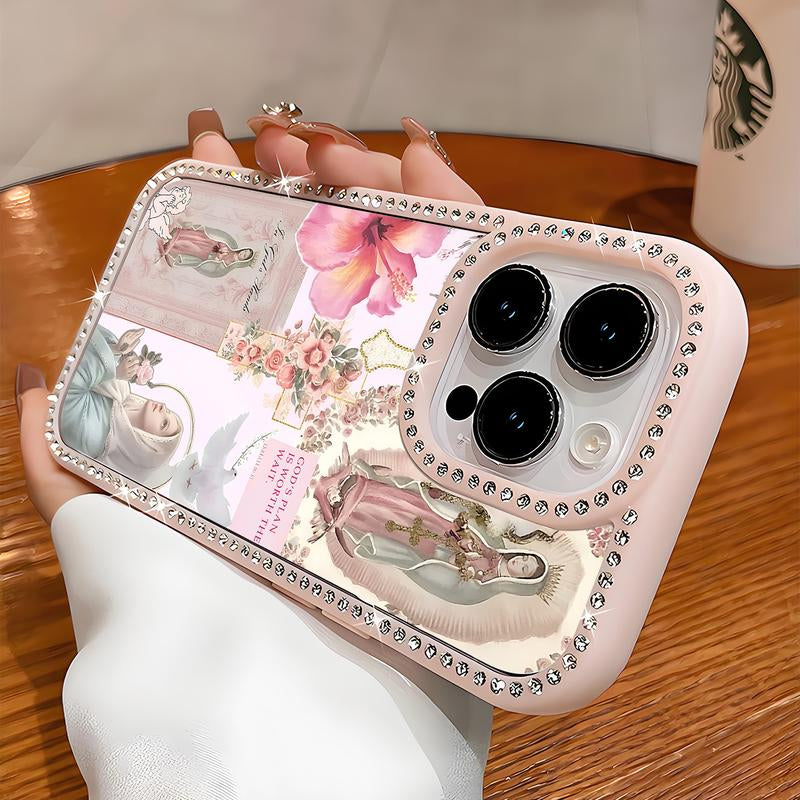 Virgin Mary Pattern Bling Glitter Phone Case with Sparkle Rhinestone Diamond , Airbag Anti-Fall Crystal Cover for Iphone 17 16 15 14 13 12 11 Pro Max plus Air