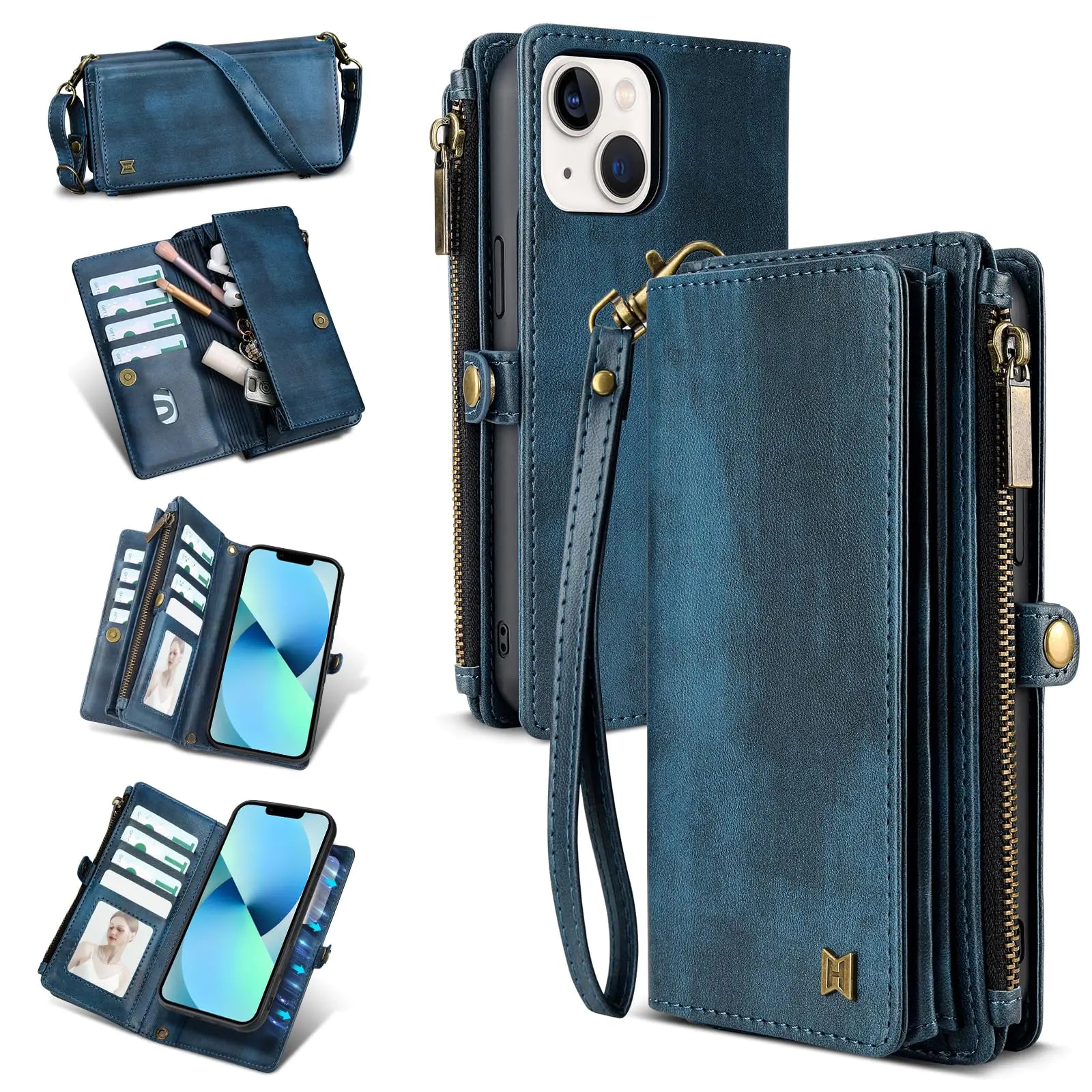 for iPhone 13 Wallet Case(Holds Lipstick, Headphones, etc.),2-in-1 Multi-Functional Portable Magnetic Faux Leather Phone Case with RFID Blocking